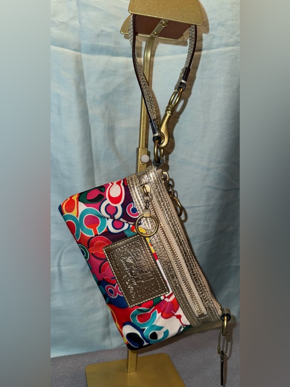 Coach Multicolor Signature 'C' Print Poppy Wristlet with Gold Trim - Picture 3 of 8